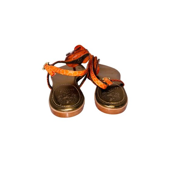 Vince Camuto Orange Snake-Embossed Flat Sandals 9 Gold Leather Flower Accent - Picture 8 of 11